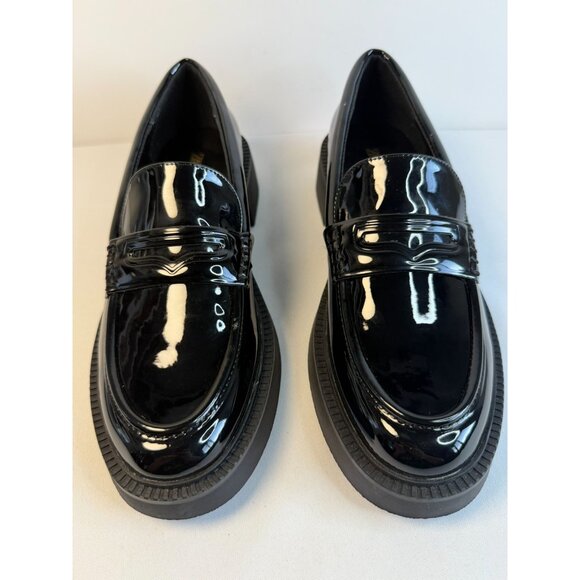 Zara Zapato Penny Loafers Women Size 7.5 Black Patent Leather Chunky Sole Shoes - Picture 5 of 12